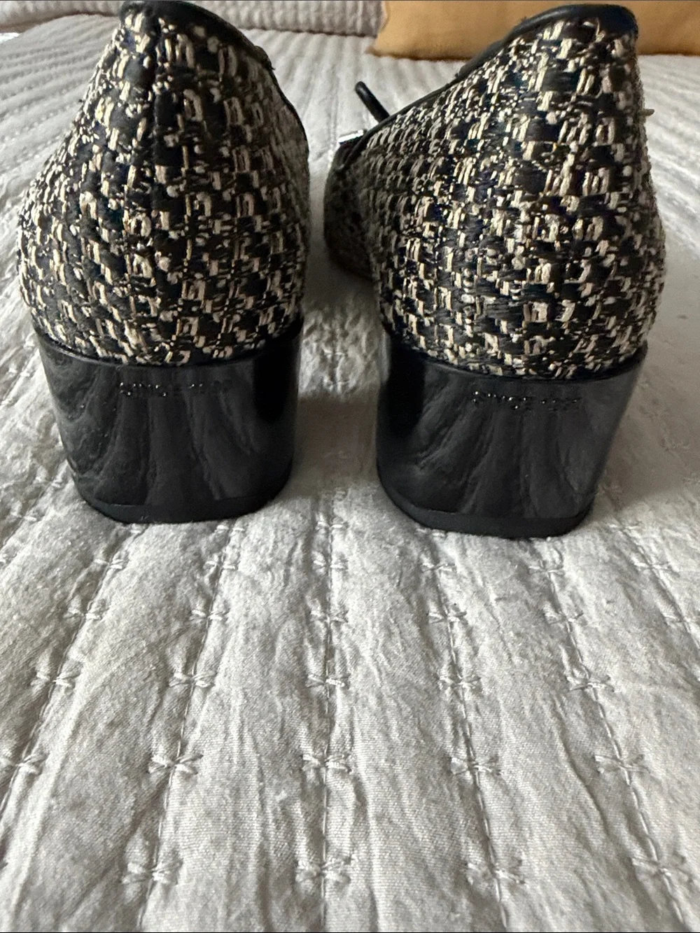 NWOT Franco Sarto Black-Gold-Cream Tweed Bow Ballet Heels 8.5 ❤️ Perfect In Fall